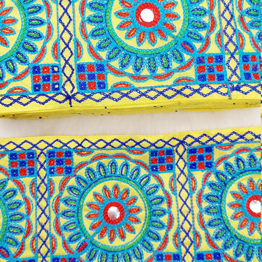 Indian Yellow Fabric Trim, Mirror Floral Kutch Embroidered, Decorative Trim
